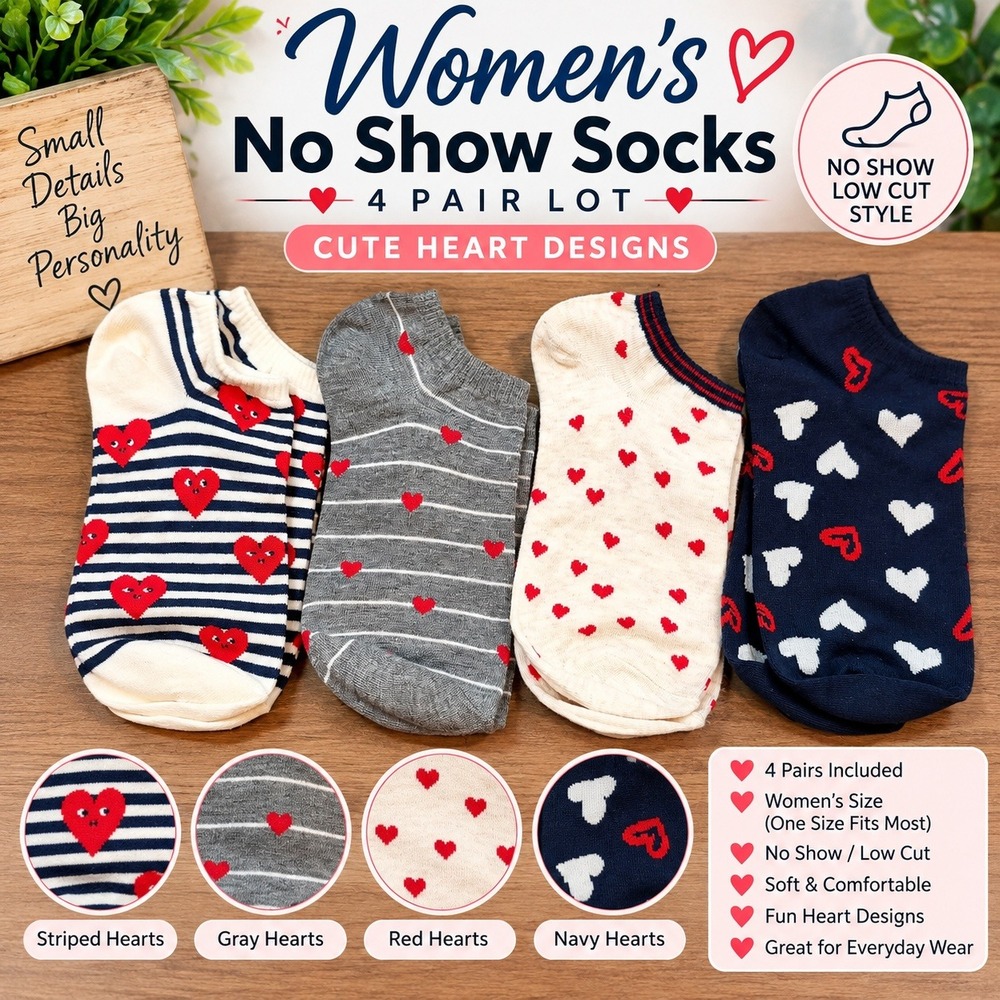 Womens No Show Socks 4 Pair Lot Heart Designs Low Cut Striped Navy Gray Cream